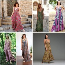 30 PC Indian Vintge Recycle Sari Silk maxi Beach Sundress Boho Gypsy Dress  picture