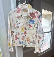 *NEW-BLANKNYC Women’s S Cream Denim Jacket Floral Butterfly Print Button Pockets picture