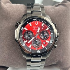 Bulova Men's Marine Star 98B350 Red Dial Gunmetal Strap Chronograph Quartz Watch picture