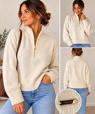 DKNY Women's White Knit 1/4 Zip Mock Neck Pullover Sweater XS picture