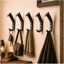 5 Wrought Iron Hooks Antique Cast Iron Railroad Spike Coat Hooks Wall Mount picture