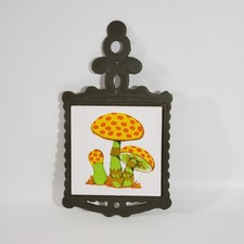 Vintage Green Yellow Orange Gold Mushroom Tile & Iron Trivet Potholder picture