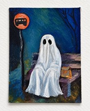 Gary Waits for Bus Hand-Painted Original ACEO Ghost Funny Spooky Art picture