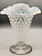 Vintage Fenton Moonstone Hobnail Glass Vase French Opalescent Ruffled Rim 6