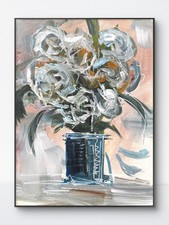 SAMATOWIC Original 12x16 Impressionist White Peonies Blue Vase Painting Signed picture