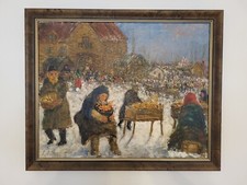 Samuel Rothbort  Winter Village Marketplace. Oil on Canvas Laid to Board.  picture