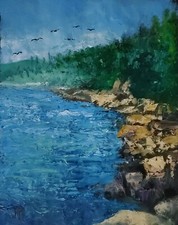 YARY DLUHOS Landscape Shoreline Coast Birds Tree Lake Original Art Oil Painting picture