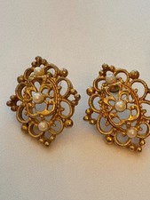 Vintage Victorian Revival Faux Pearl Earrings Gold Ornate Open Filigree Stud picture