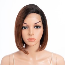DÉBUT Short Asymmetrical Bob Wig C Part Lace Front Ombre Auburn Brown picture