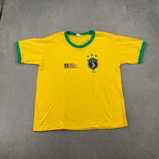 Vtg 80s Rare NASC Soccer Camp Brasil CBF Ringer T-Shirt Yellow XL Single Stitch picture