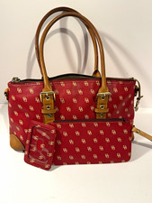 Dooney & Bourke Red/Tan Logo Satchel Top Handle Zip Gold Detachable Strap Set picture