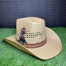 Vtg RIO GRANDE Cowboy Hat Sombrero 7.5 Chihuahua Straw Feather High Dome Mexico picture