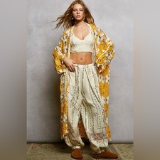 POL Yellow and White Coachella Crochet Duster Cardigan picture