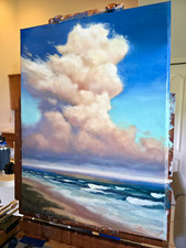 Original OOAK Signed Seascape Clouds Beach Ocean  Canvas Unframed Oil Painting picture