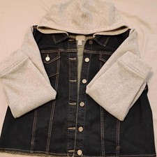 Susan Graver Jeans Blue Denim Jacket  Gray Knit Hoodie minimalist clean preppy picture