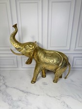 VTG XL Brass Textured Elephant Trunk Up Statue Figurine Hollywood Regency 15x15 picture
