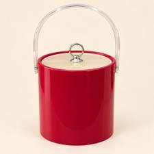 Vintage Red Ice Bucket Acrylic Handle Cream Lid Retro MCM Barware picture