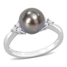 AMOUR 8-8.5mm Black Tahitian Pearl and 1/8 CT TDW Diamond Ring In Sterling picture