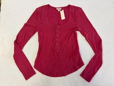 Pilcro Anthropologie Rachel Ribbed Henley Top Women's S Red Long Sleeve NWT picture