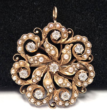 Antique Victorian Floral 14K Gold Diamonds Pearl Brooch Pendant Fold Bale 1-3/8