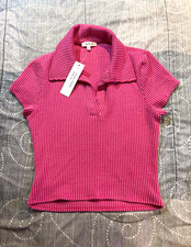 ASA Women’s Pink Striped 2pc Knit Set Collared Polo Shirt Straight Pants S picture