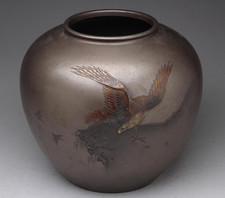 Superb Japanese Vintage (1934) Bronze Flower Vase, Rock Hawk, Mitsuhiro picture