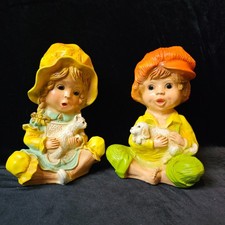VTG 1974 Chalkware Universal Statuary Corp Alice w/ Kitten Andy w/Dog 10