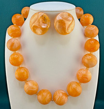 Vintage Lucite Necklace Earrings Set Orange Creamsicle Chunky Bauble Bead Retro picture