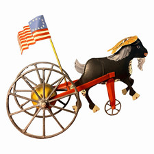 Antique Gong Bell Co Goat Pull Toy Mechanical Chime Flag Working American Flag picture