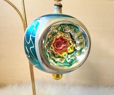 🎄 Vintage MCM Silver & Turquoise Triple Indent Mercury Glass Spire Ornament picture