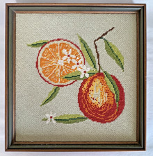Vintage Needlepoint Orange Fruit Botanical Art Gilt Gold Wood Frame 13.5