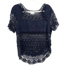 Deletta Anthropologie navy blue crocheted top boho coastal grandma Euro summer M picture