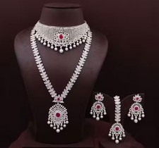 Indian Bollywood Wedding CZ Bridal Earrings Jewelry Long AD Necklace Set 5PCS picture