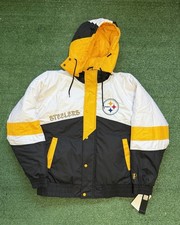 NFL Pittsburgh Steelers Script Puffer Hooded Jacket VTG 90 Pro Player Size Large picture