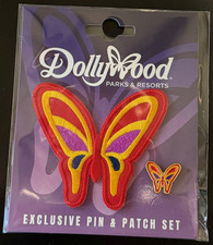 Dollywood Parks & Resorts Exclusive Red Yellow Purple Butterfly Pin & Patch Set picture