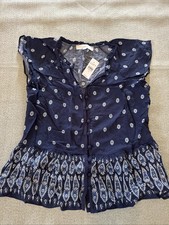 LOFT Blue White Floral V-Neck Button Front Ruffle Sleeve Blouse Womens XS NWT picture
