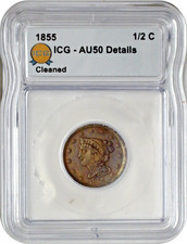 1855 Braided Hair Half Cent 1/2¢ ICG AU50 About Uncirculated Detail Cleaned picture