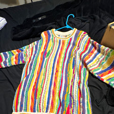 COOGI Mercerised Cotton Multicolor 3D Knit Striped Crewneck Sweater L picture