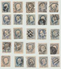 1 Cent Benjamin Franklin stamps, used, lot of 25, various Scott numbers, ca 1880 picture