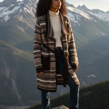 Magaschoni Open Front Tie Cardigan Duster Brown & Cream Classic Knit Sweater L picture
