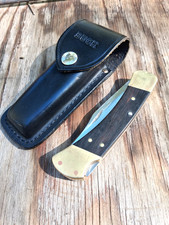 VTG BUCK 110 Folding Hunter 3 Dot Pocket Knife USA 1980-81 w/Leather Sheath picture