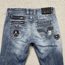 Affliction Ace Jeans Mens 31x33 Blue Medium Wash Slim Straight Distressed Denim picture