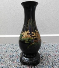 Antique Chinese Foochow Fuzhou Hand Painted Black Lacquered Wood Vase picture