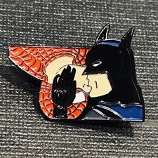 Geeky & Kinky  ~ BATMAN & SPIDERMAN KISSING Hat Lapel Pin picture