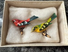 Vintage Takahashi Scarlet Tanger Hand Carved Painted Bird Brooch Pins picture