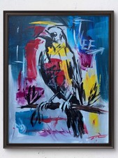 Original 14x11 Expressionist Colorful Bird Perched Painting Signed Canvas picture