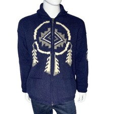 Vintage Aztec Ecuador Handcrafted Full Zip Wool Sweater Navy Size Large picture