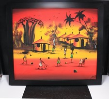 Original African Village Scene Acrylic, Signed 16 X 18