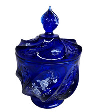Vtg Fenton Blue Royale Paisley Swirl Candy Dish Elizabeth White Rose Signed 7.5