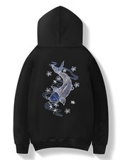 Niepce Men's Japanese Streetwear Sweatshirt Blue Koi Embroidered Hoodie picture